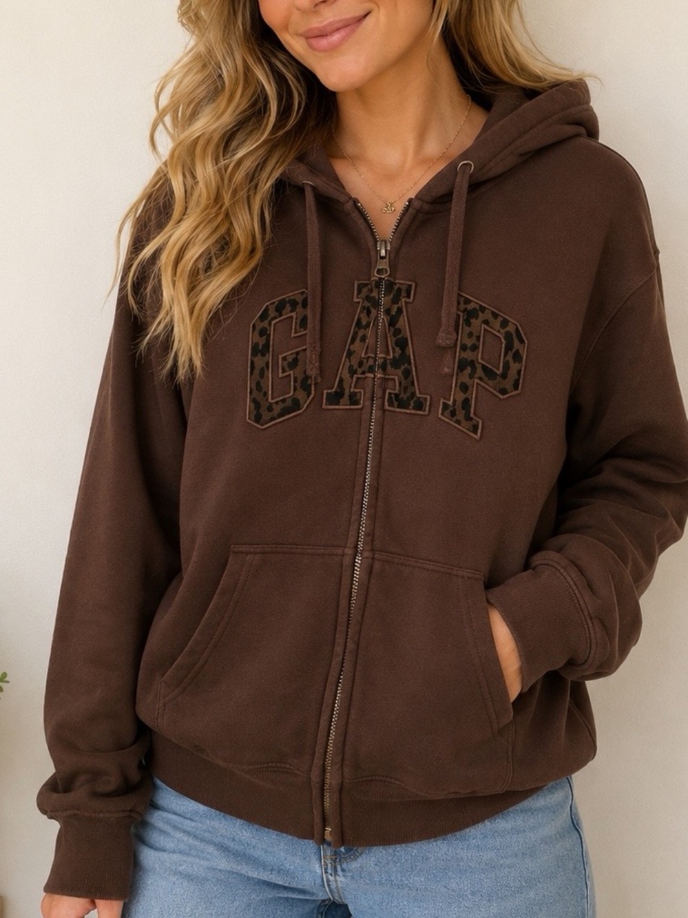 Gap Brown Leopard Print Logo Zip-Up Hoodie